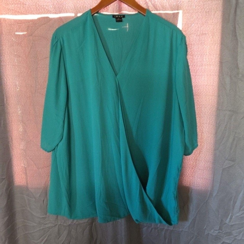 IMAN Blouse Womens Plus 2X Green V Neck 3/4 Sleeve Surplice Drape Tunic Top